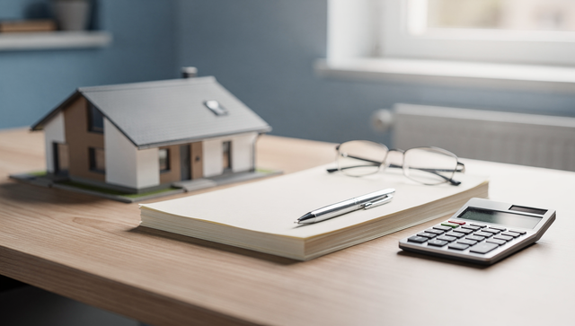 Hausmodell, Unterlagen und Taschenrechner auf einem Schreibtisch – Grundschuld vs. Hypothek bei der Immobilienfinanzierung