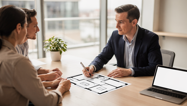 Bankberaterin und Paar besprechen einen Grundbuchauszug für die Immobilienfinanzierung