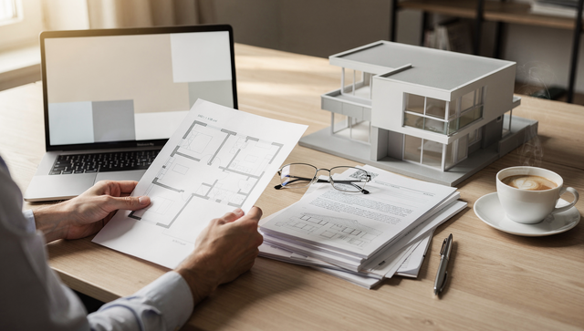 Immobilien-Wertermittlung: Grundriss, Hausmodell und Unterlagen auf einem Schreibtisch