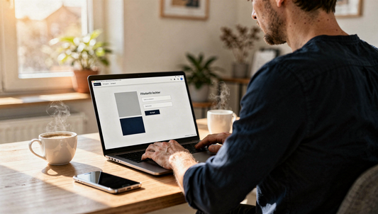 Person beantragt Grundbuchauszug online am Laptop – Ablauf Schritt für Schritt erklärt