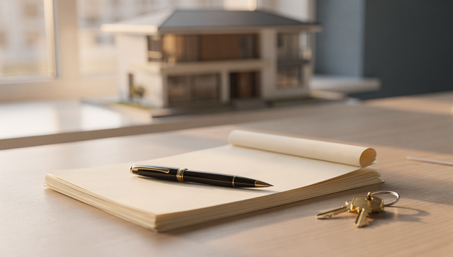 Notartisch mit Vertrag, Stift und Hausschlüssel – Auflassungsvormerkung beim Immobilienkauf