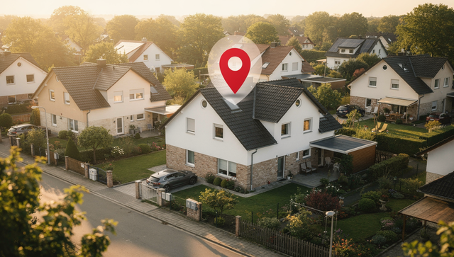 Wohnsiedlung aus der Luft mit Standort-Pin über einem Haus – zuständiges Grundbuchamt richtet sich nach dem Standort der Immobilie