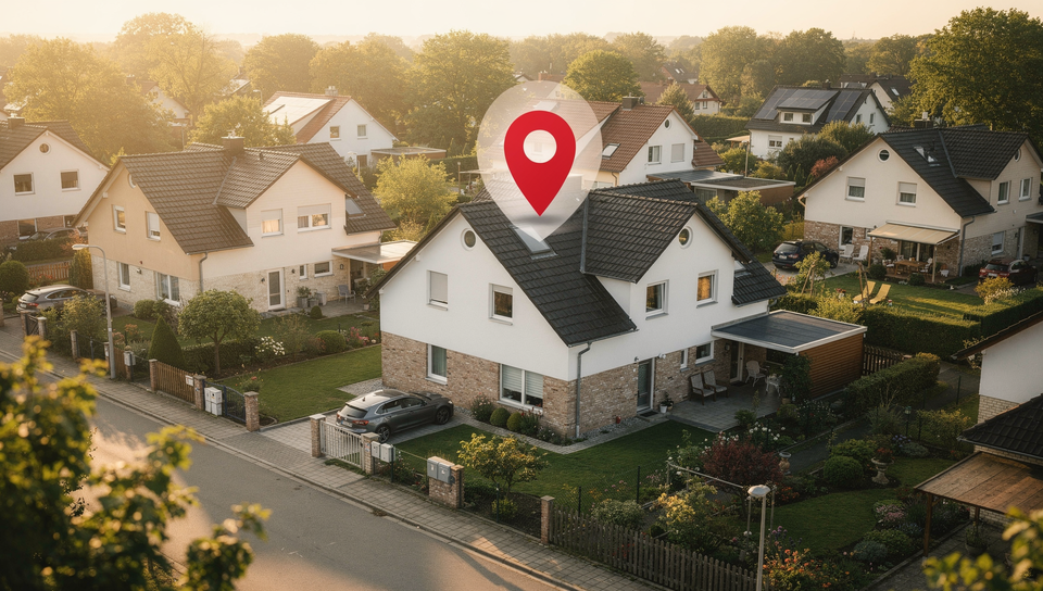Wohnsiedlung aus der Luft mit Standort-Pin über einem Haus – zuständiges Grundbuchamt richtet sich nach dem Standort der Immobilie