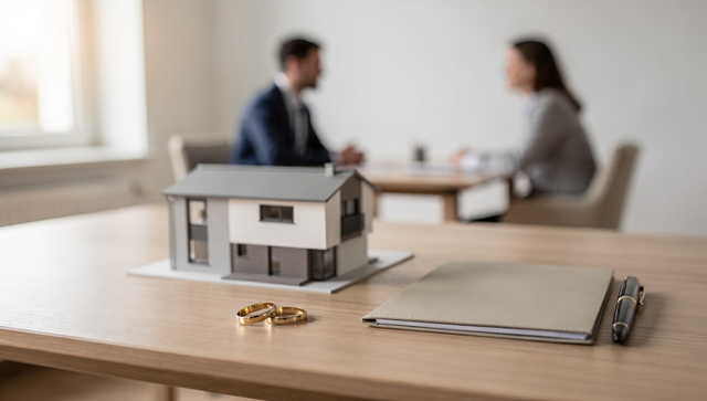 Modellhaus, zwei Eheringe und Vertragsmappe auf einem Tisch – Grundbuchberichtigung nach Scheidung