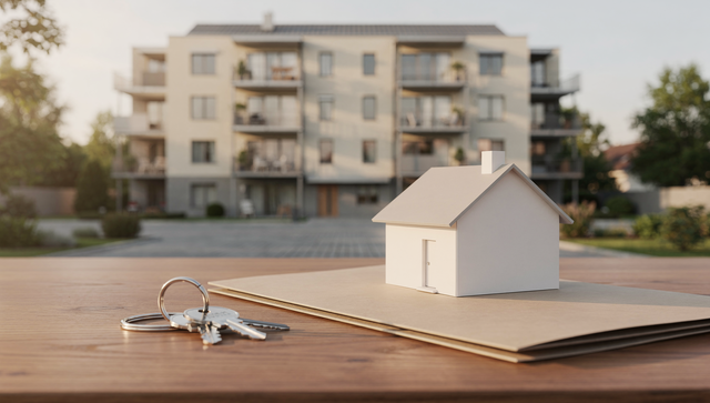 Modellhaus mit Schlüsseln auf einem Dokument vor einem Wohngebäude – Insolvenzvermerk im Grundbuch erklärt