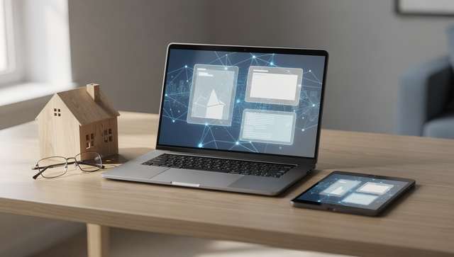 Laptop und Tablet zeigen ein digitales elektronisches Grundbuch neben einem Holzhaus-Modell