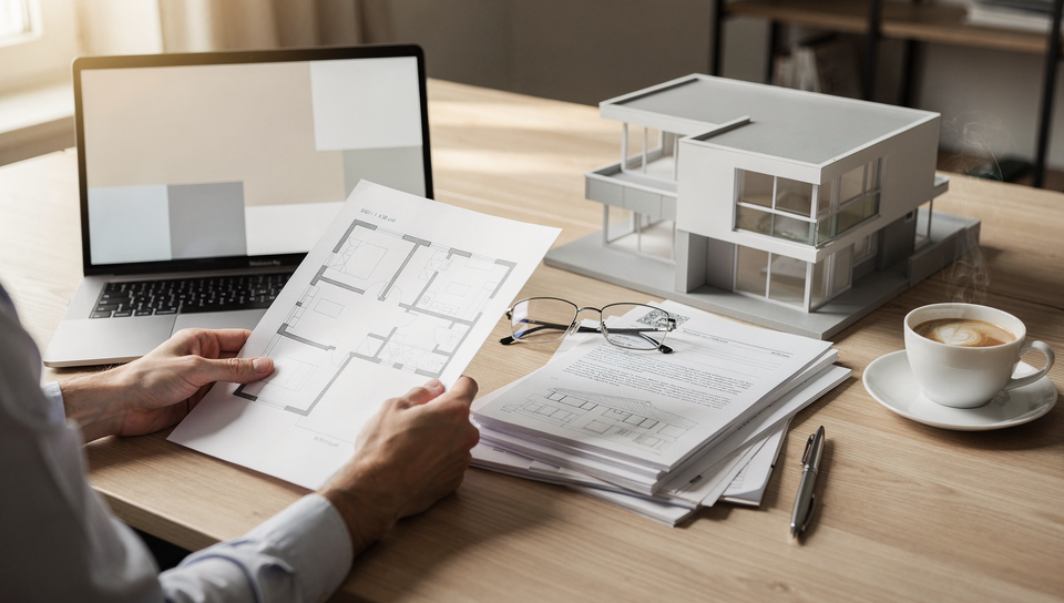 Immobilien-Wertermittlung: Grundriss, Hausmodell und Unterlagen auf einem Schreibtisch
