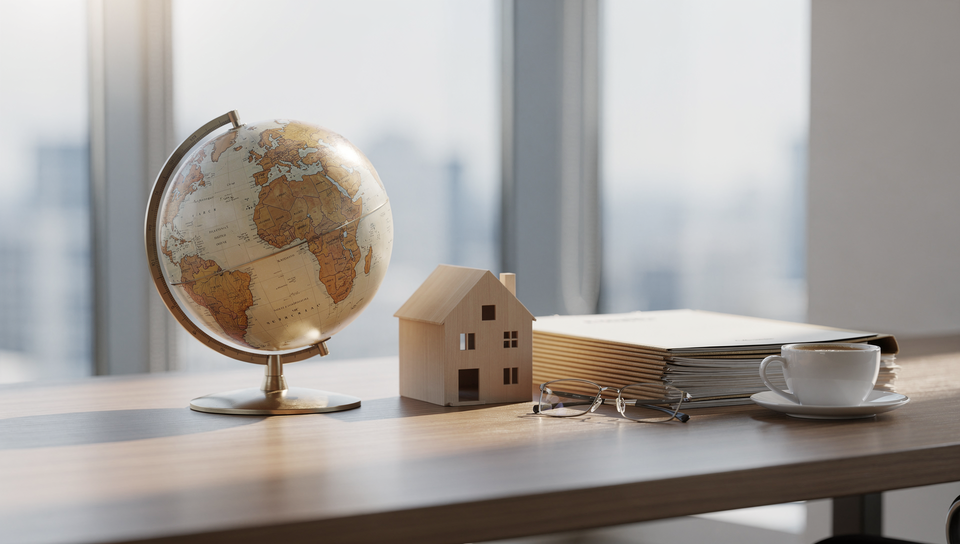 Globus, Modellhaus und Immobilienunterlagen auf einem Schreibtisch – Grundbuch im Ausland im Vergleich
